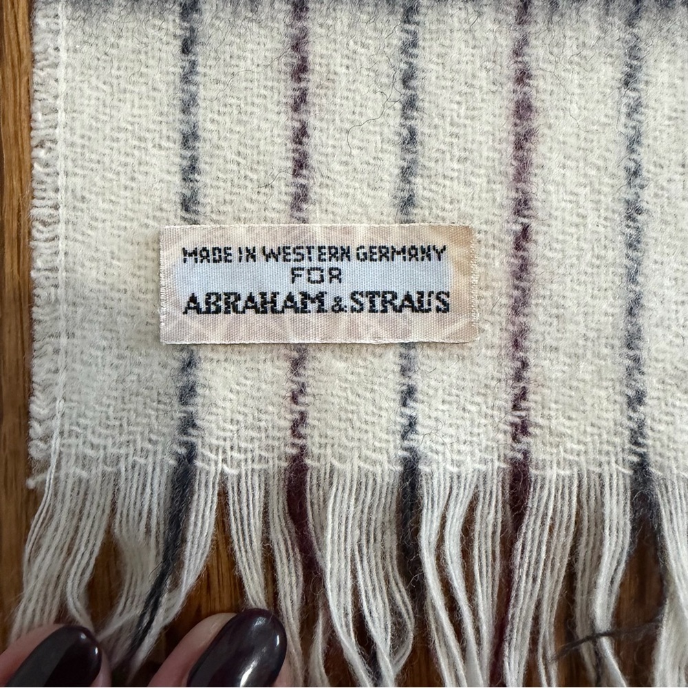 Abraham & Straus Vintage Wool Scarf Cream Gray Maroon Stripe German Made OS - Picture 4 of 7